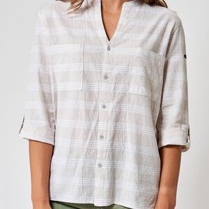 NWT Gray & White Linen Mandarin‎ Collar Top SZ EU 40 US 10